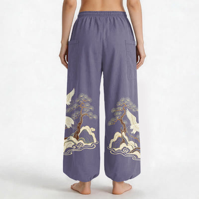 Buddha Stones Cotton Oriental Crane Pine Pattern Women's Elastic Waist Harem Pants With Side Pockets - image 12