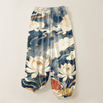 Buddha Stones Cotton Oriental Lotus Cloud Pattern Women's Elastic Waist Harem Pants With Side Pockets - image 3