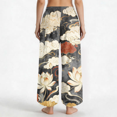 Buddha Stones Cotton Oriental Lotus Cloud Pattern Women's Elastic Waist Harem Pants With Side Pockets - image 9