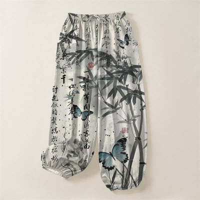 Buddha Stones Cotton Ink Bamboo Butterfly Pattern Women's Elastic Waist Harem Pants With Side Pockets - image 3