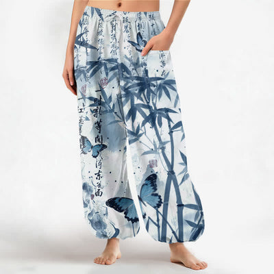 Buddha Stones Cotton Ink Bamboo Butterfly Pattern Women's Elastic Waist Harem Pants With Side Pockets - LightCyan - US16，UK/AU20，EU48 (3XL) - image 10