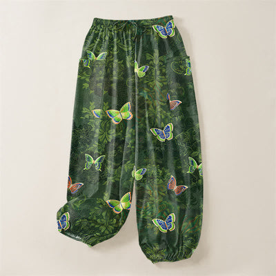 Buddha Stones Cotton Nature Inspired Butterfly Foliage Pattern Women's Elastic Waist Harem Pants With Side Pockets - image 3