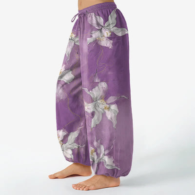 Buddha Stones Cotton Vintage White Floral Pattern Women's Elastic Waist Harem Pants With Side Pockets - image 1