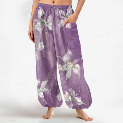Buddha Stones Cotton Vintage White Floral Pattern Women's Elastic Waist Harem Pants With Side Pockets - MediumOrchid - US16，UK/AU20，EU48 (3XL) - image 0