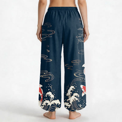 Buddha Stones Cotton Ocean Wave Koi Pattern Women's Elastic Waist Harem Pants With Side Pockets - image 2