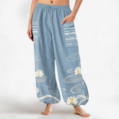 Buddha Stones Cotton Lotus Ripple Pattern Women's Elastic Waist Harem Pants With Side Pockets - LightSkyBlue - US16，UK/AU20，EU48 (3XL) - image 0