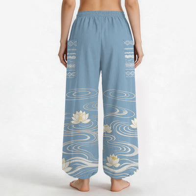 Buddha Stones Cotton Lotus Ripple Pattern Women's Elastic Waist Harem Pants With Side Pockets - image 2