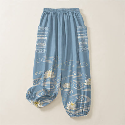 Buddha Stones Cotton Lotus Ripple Pattern Women's Elastic Waist Harem Pants With Side Pockets - image 4