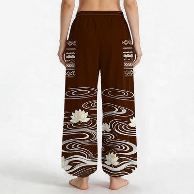 Buddha Stones Cotton Lotus Ripple Pattern Women's Elastic Waist Harem Pants With Side Pockets - image 9