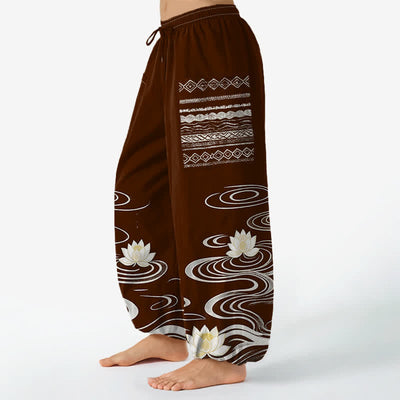 Buddha Stones Cotton Lotus Ripple Pattern Women's Elastic Waist Harem Pants With Side Pockets - image 8