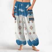 Foviel Baumwolle Böhmische geometrische Diamantmuster Damen elastische Taille Harem Hose mit seitlichen Taschen