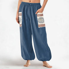 Buddha Stones Cotton Bohemian Lotus Mandala Pattern Women's Elastic Waist Harem Pants With Side Pockets - SteelBlue - US16，UK/AU20，EU48 (3XL) - image 0