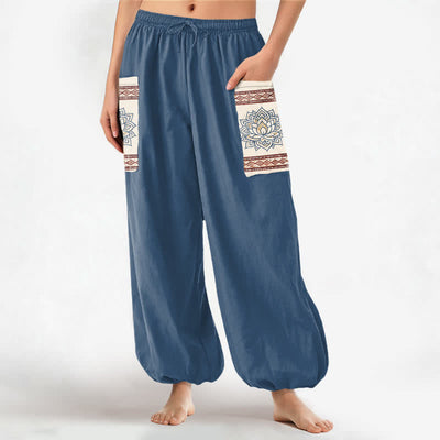 Buddha Stones Cotton Bohemian Lotus Mandala Pattern Women's Elastic Waist Harem Pants With Side Pockets - SteelBlue - US16，UK/AU20，EU48 (3XL) - image 0