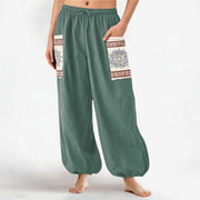 Foviel Cotton Bohemian Lotus Mandala Pattern Women's Elastic Waist Harem Pants With Side Pockets