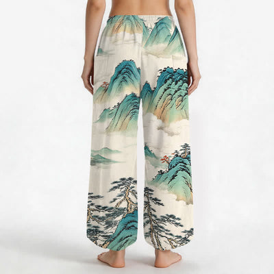 Buddha Stones Cotton Pine Mountain Scenery Pattern Women's Elastic Waist Harem Pants With Side Pockets - image 2