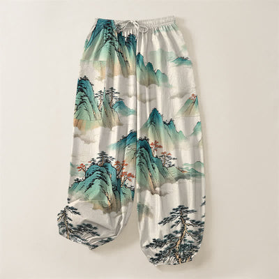 Buddha Stones Cotton Pine Mountain Scenery Pattern Women's Elastic Waist Harem Pants With Side Pockets - image 3
