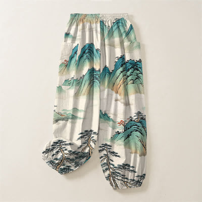 Buddha Stones Cotton Pine Mountain Scenery Pattern Women's Elastic Waist Harem Pants With Side Pockets - image 4
