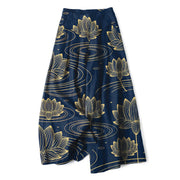 Foviel Cotton Linen Lotus Ripple Pattern Women's Elastic Waist Wide Leg Pants With Pockets