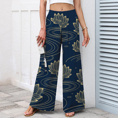 Buddha Stones Cotton Linen Lotus Ripple Pattern Women's Elastic Waist Wide Leg Pants With Pockets - image 1