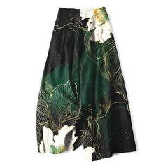 Buddha Stones Cotton Linen Artistic White Floral Pattern Women's Elastic Waist Wide Leg Pants With Pockets - ForestGreen - US16，UK/AU20，EU48 (3XL) - image 0