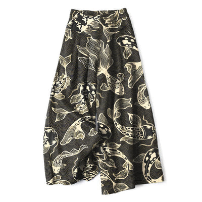 Buddha Stones Cotton Linen Artistic Koi Pond Pattern Women's Elastic Waist Wide Leg Pants With Pockets - Black - US16，UK/AU20，EU48 (3XL) - image 4