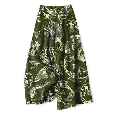 Buddha Stones Cotton Linen Artistic Koi Pond Pattern Women's Elastic Waist Wide Leg Pants With Pockets - DarkOliveGreen - US16，UK/AU20，EU48 (3XL) - image 6