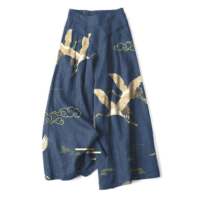 Buddha Stones Cotton Linen Oriental Crane Cloud Pattern Women's Elastic Waist Wide Leg Pants With Pockets - Navy - US16，UK/AU20，EU48 (3XL) - image 0