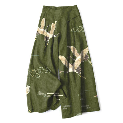 Buddha Stones Cotton Linen Oriental Crane Cloud Pattern Women's Elastic Waist Wide Leg Pants With Pockets - OliveDrab - US16，UK/AU20，EU48 (3XL) - image 6