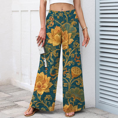 Buddha Stones Cotton Linen Vintage Lotus Floral Pattern Women's Elastic Waist Wide Leg Pants With Pockets - image 1