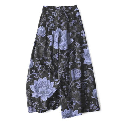 Buddha Stones Cotton Linen Vintage Lotus Floral Pattern Women's Elastic Waist Wide Leg Pants With Pockets - Black - US16，UK/AU20，EU48 (3XL) - image 6