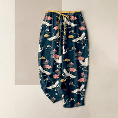Buddha Stones Pure Cotton Vintage Lotus Crane Pattern Women's Elastic Waist Pants With Pockets - DarkSlateGray - US16，UK/AU20，EU48 (3XL) - image 0