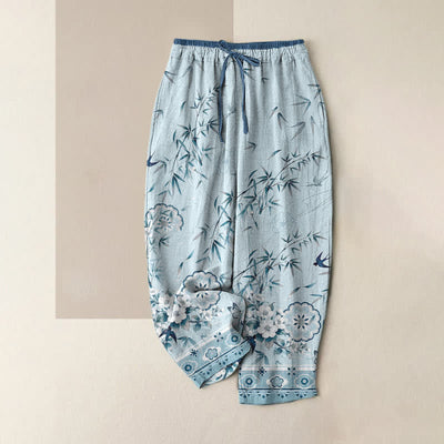 Buddha Stones Pure Cotton Oriental Bamboo Blossom Pattern Women's Elastic Waist Pants With Pockets - Turquoise - US16，UK/AU20，EU48 (3XL) - image 5