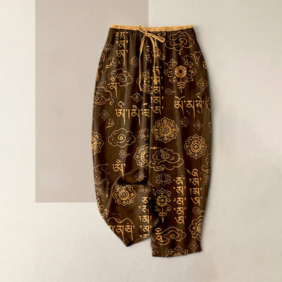 Buddha Stones Pure Cotton Tibetan Script Pattern Women's Elastic Waist Pants With Pockets - SaddleBrown - US16，UK/AU20，EU48 (3XL) - image 5