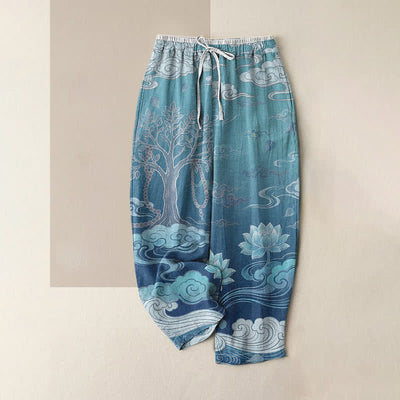Buddha Stones Pure Cotton Lotus Cloud Gradient Pattern Women's Elastic Waist Pants With Pockets - DeepSkyBlue - US16，UK/AU20，EU48 (3XL) - image 4