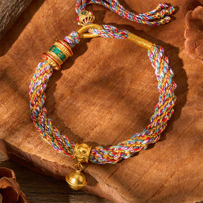 Buddha Stones Tibetan Om Mani Padme Hum Strength Bell Charm Multicolor Braided Rope Bracelet - image 3