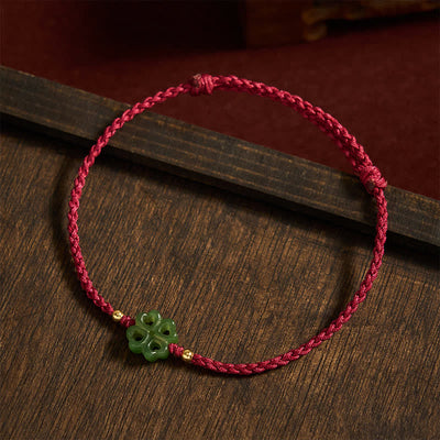 Buddha Stones Natural Hetian Cyan Jade Four-leaf Clover Luck Red Rope Bracelet - image 3