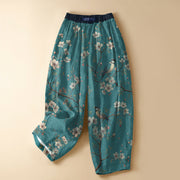 Foviel Pure Cotton Vintage Blossom Bird Pattern Frog Button Women's Elastic Waist Harem Pants With Pockets
