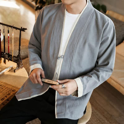 Buddha Stones Fall Winter Tang Style Minimalist Frog Button Solid Cotton Men's Kimonos - image 12