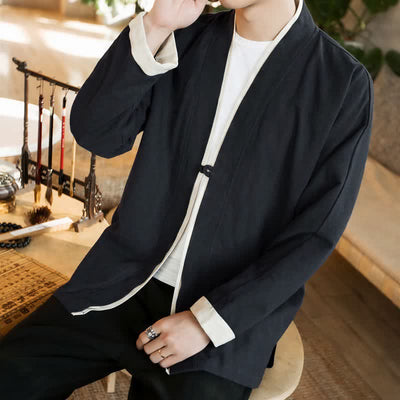 Buddha Stones Fall Winter Tang Style Minimalist Frog Button Solid Cotton Men's Kimonos - image 16