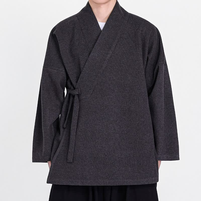 Buddha Stones Fall Winter Classic Minimalist Solid Men's Kimonos - DimGray - US/UK/AU46，EU56 (5XL) - image 4