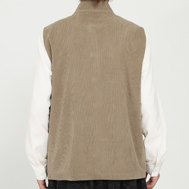 Buddha Stones Fall Winter Vintage Tang Style Frog Button Solid Corduroy Tank Top Style Men's Vests With Pocket - image 2