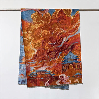 Buddha Stones Fall Winter Lotus Mountain Waves Dunhuang Color Pattern Soft Shawl - Orange Auspicious Clouds - 70*188cm - image 10