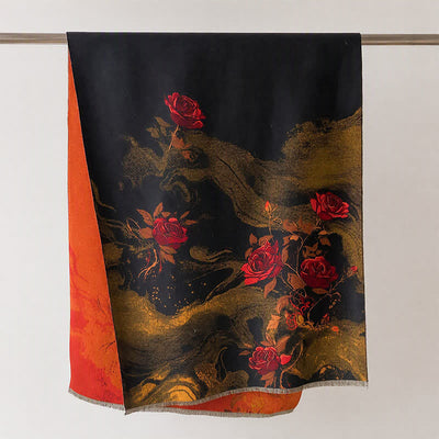 Buddha Stones Fall Winter Lotus Mountain Waves Dunhuang Color Pattern Soft Shawl - Black Red Flowers - 70*188cm - image 18