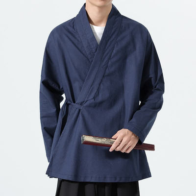 Buddha Stones Fall Minimalist Tang Style Drawstring Solid Men's Kimonos - image 16