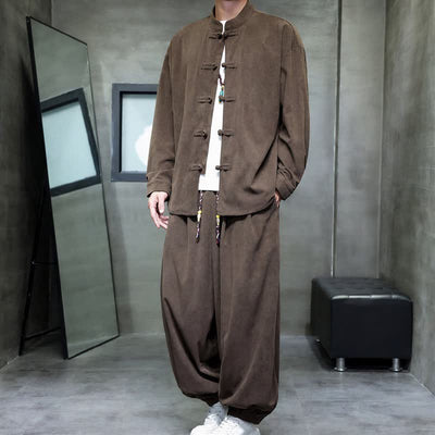 Buddha Stones Fall Winter Tang Style Casual Frog Button Solid Men's Meditation Cloth With Pocket - image 4