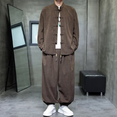 Buddha Stones Fall Winter Tang Style Casual Frog Button Solid Men's Meditation Cloth With Pocket - image 3