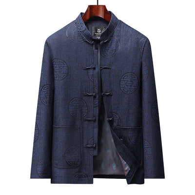 Buddha Stones Fall Winter Vintage Tang Style Frog Button Geometric Men's Jackets With Pocket - Navy - US/UK/AU46，EU56 (5XL) - image 0
