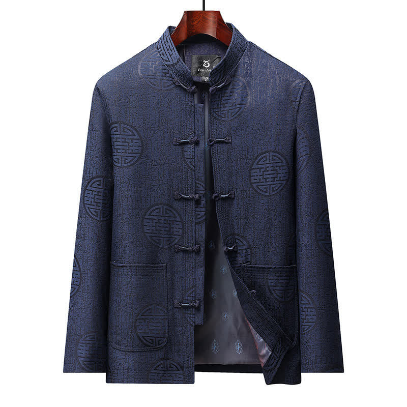 Buddha Stones Fall Winter Vintage Tang Style Frog Button Geometric Men's Jackets With Pocket - Navy - US/UK/AU46，EU56 (5XL) - image 0