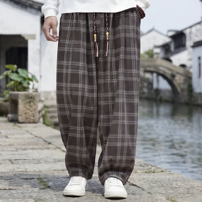 Buddha Stones Fall Winter Casual Vintage Drawstring Plaid Ankle Pants Men's Harem Pants With Pocket - SaddleBrown - US/UK/AU48，EU58 (6XL) - image 0
