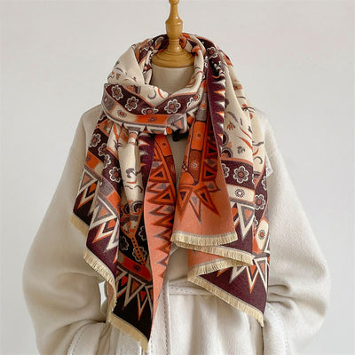 Buddha Stones Spring Fall Mandala Geometric Border Print Tassel Boho Shawl - Orange - 185*65cm - image 0